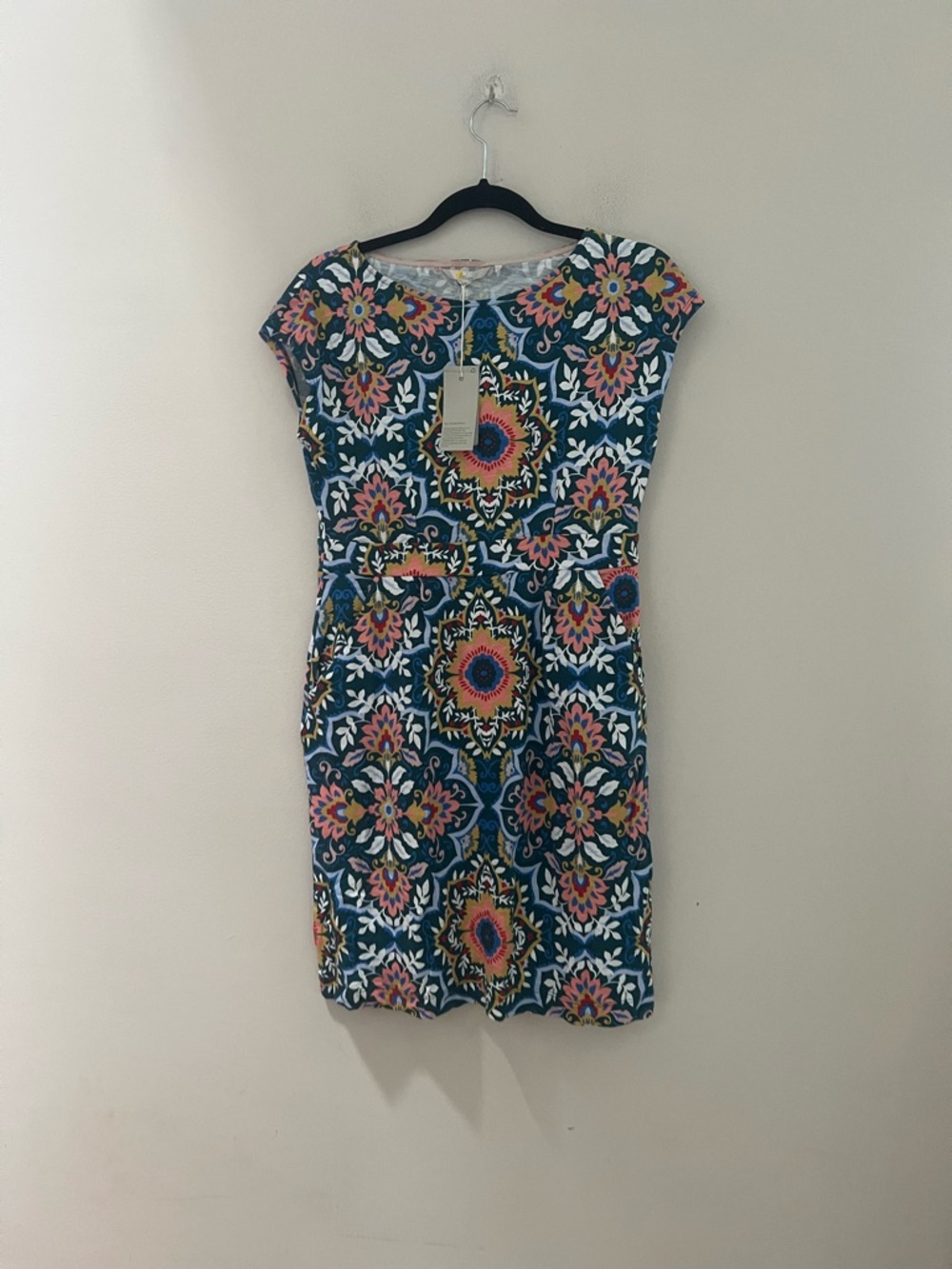 Boden Teal Floral Mosaic Cap-Sleeve Midi Dress - Picture 6 of 13